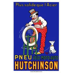 Publicité pneu Hutchinson clown chapeau pois roue eau chien signé Mich imprimerie Pichot Paris