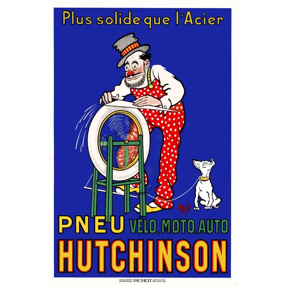 Publicité pneu Hutchinson clown chapeau pois roue eau chien signé Mich imprimerie Pichot Paris Publicité pneu Hutchinson clown chapeau pois roue eau chien signé Mich imprimerie Pichot Paris