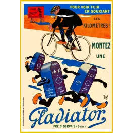 Publicité Cycles Gladiator cycliste vitesse bornes kilométriques animées fuyantes signé Mich Pré-Saint-Gervais
