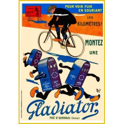 Publicité Cycles Gladiator cycliste vitesse bornes kilométriques animées fuyantes signé Mich Pré-Saint-Gervais
