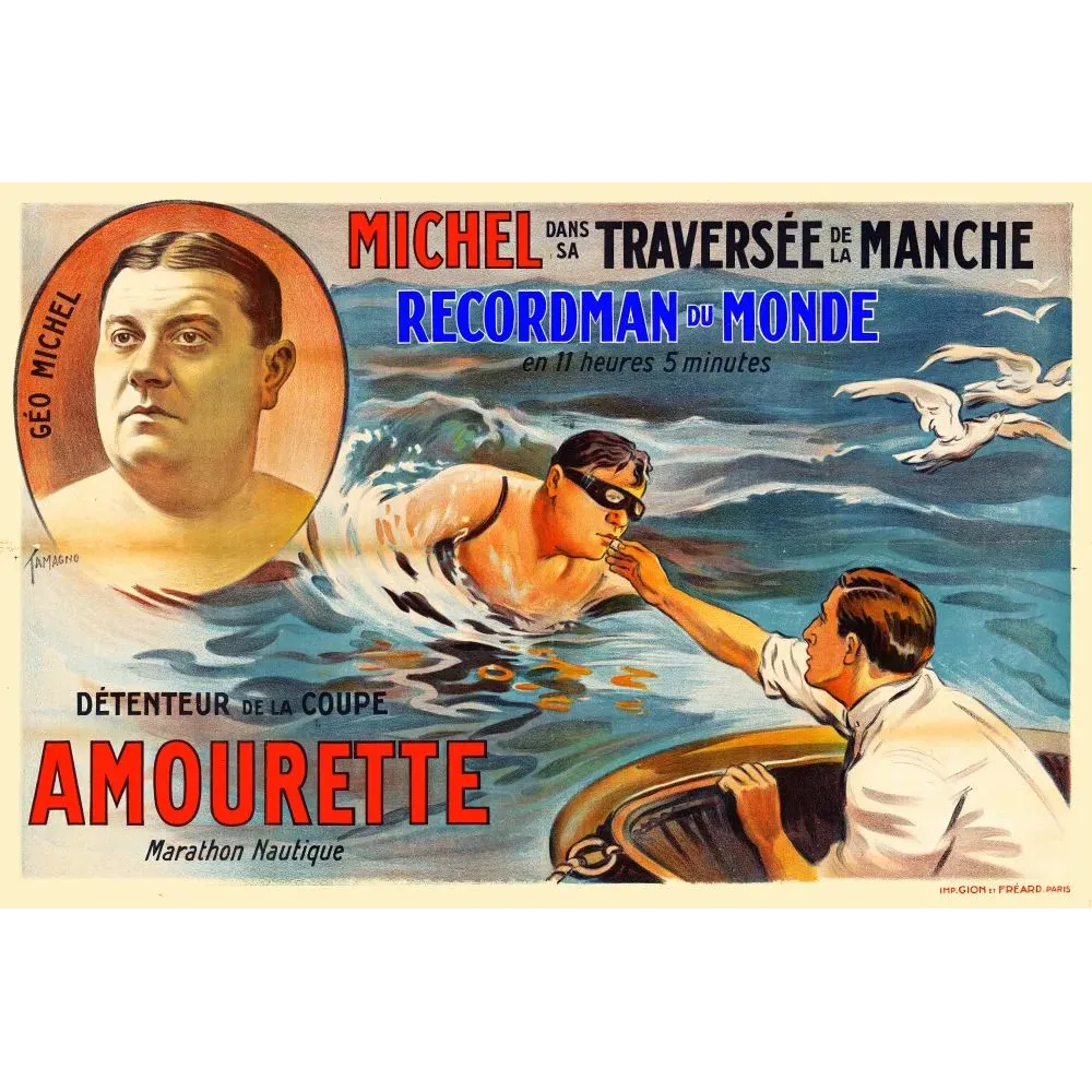 Publicité apéritif Amourette marathon nautique Géo Michel traversée Manche natation recordman mouettes