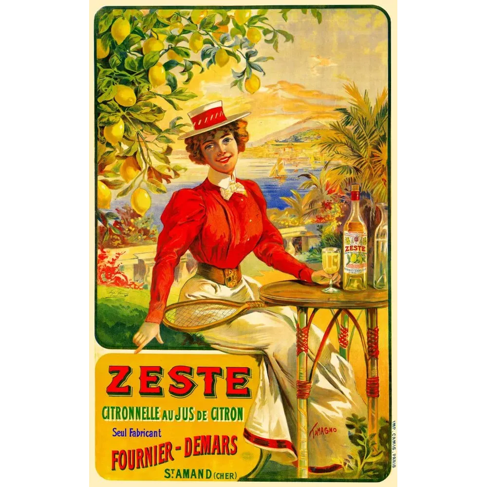 Publicité Citronnelle Zeste jus citron femme tennis canotier citronnier Riviera signé Tamagno Fournier-Demars
