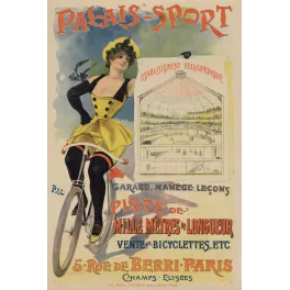 Publicité Palais-Sport vélodrome Paris cycliste élégante robe jaune signé Pal piste mille mètres rue Berri