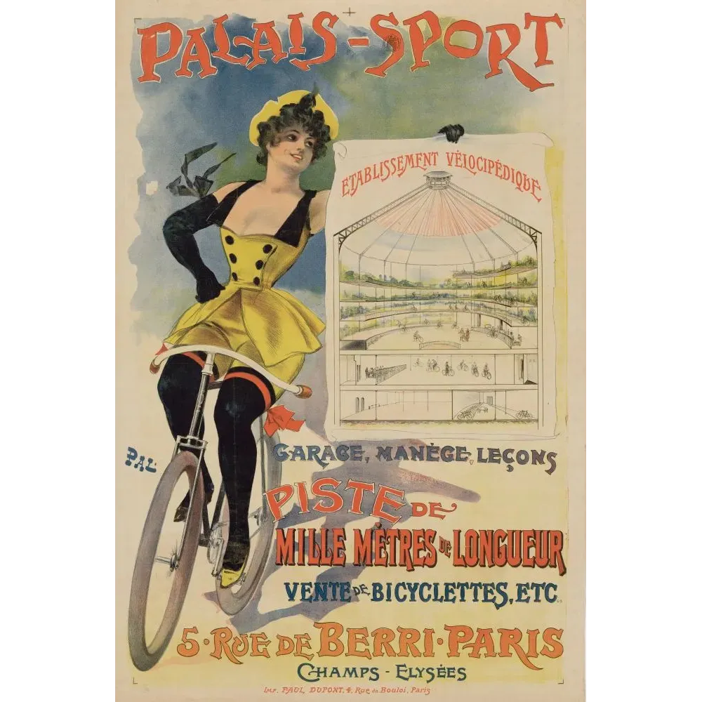 Publicité Palais-Sport vélodrome Paris cycliste élégante robe jaune signé Pal piste mille mètres rue Berri