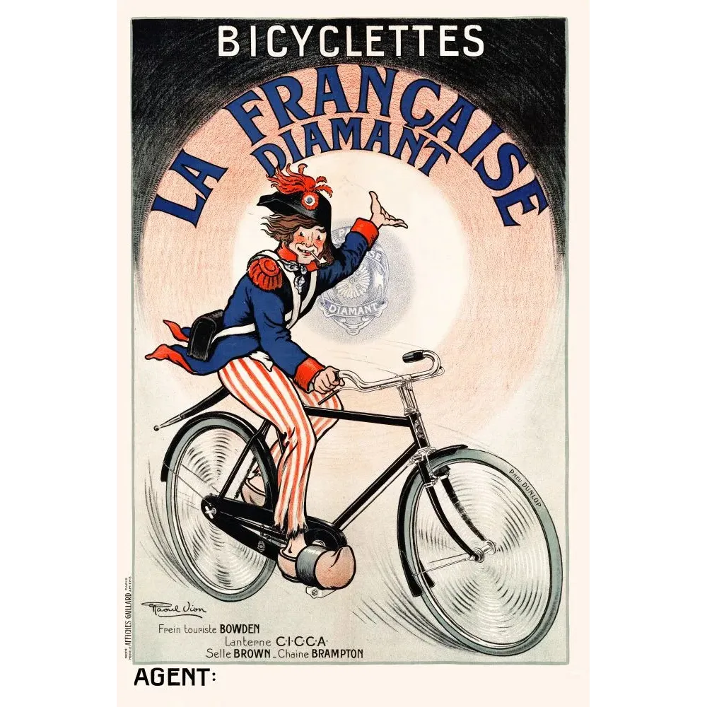 Publicité bicyclette La Française Diamant cycliste costume bicorne épaulettes rouges signé Raoul Vion Paris