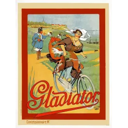 Publicité Cycles Gladiator cycliste femme renard chasse bord de mer garde champêtre signé Lévert