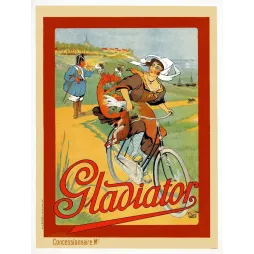 Publicité Cycles Gladiator cycliste femme renard chasse bord de mer garde champêtre signé Lévert
