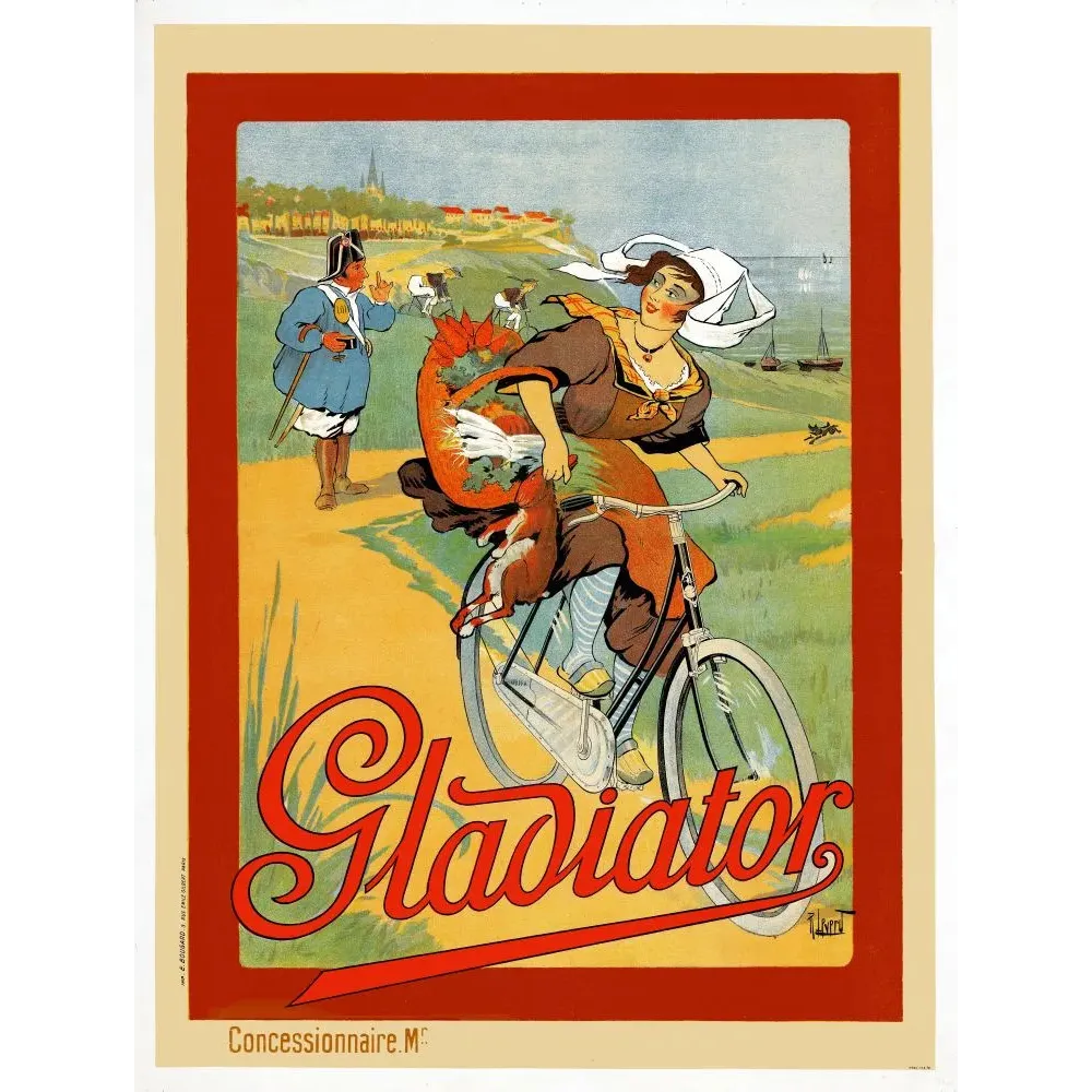Publicité Cycles Gladiator cycliste femme renard chasse bord de mer garde champêtre signé Lévert