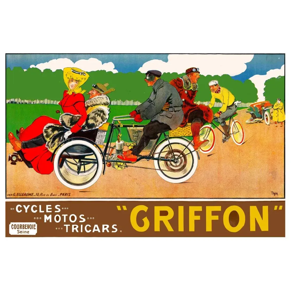 Publicité Griffon cycles motos tricars promenade couple élégant fourrure chauffeur signé Thor Courbevoie