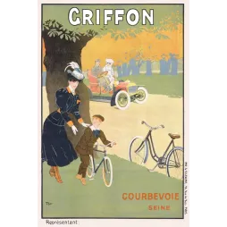Publicité Cycles Griffon mère enfant vélo parc automne automobile signé Thor Courbevoie Elleaume Paris