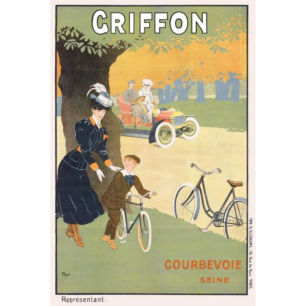 Publicité Cycles Griffon mère enfant vélo parc automne automobile signé Thor Courbevoie Elleaume Paris Publicité Cycles Griffon mère enfant vélo parc automne automobile signé Thor Courbevoie Elleaume Paris