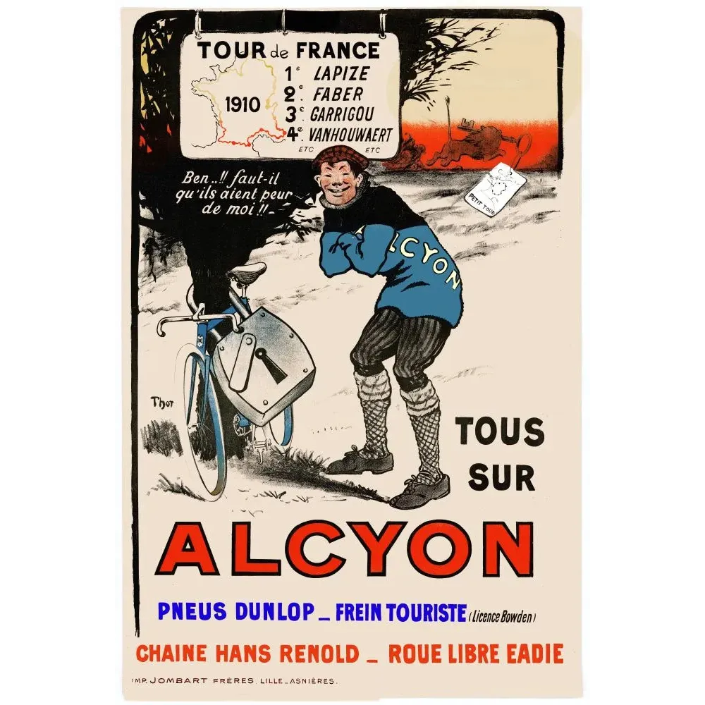 Publicité Alcyon bicyclette coureur cycliste Tour de France 1910 Lapize Faber classement signé Thor Jombart