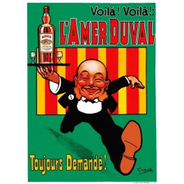 Publicité Amer Duval garçon café bondissant plateau bouteille Cuyck Goossens Bruxelles fond vert rayures