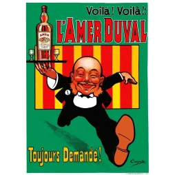 Publicité Amer Duval garçon café bondissant plateau bouteille Cuyck Goossens Bruxelles fond vert rayures