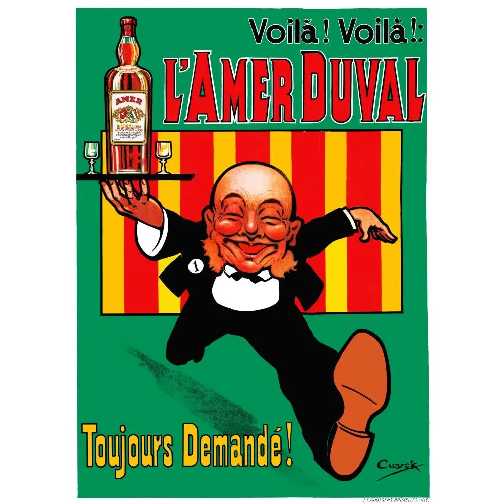 Publicité Amer Duval garçon café bondissant plateau bouteille Cuyck Goossens Bruxelles fond vert rayures Publicité Amer Duval garçon café bondissant plateau bouteille Cuyck Goossens Bruxelles fond vert rayures