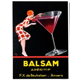 Publicité apéritif Balsam de Beukelaer Anvers femme cocktail géant Art déco fond noir signé Cly