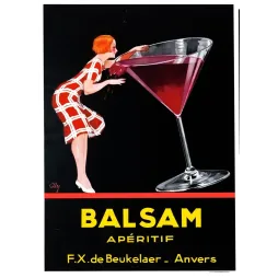 Publicité apéritif Balsam de Beukelaer Anvers femme cocktail géant Art déco fond noir signé Cly