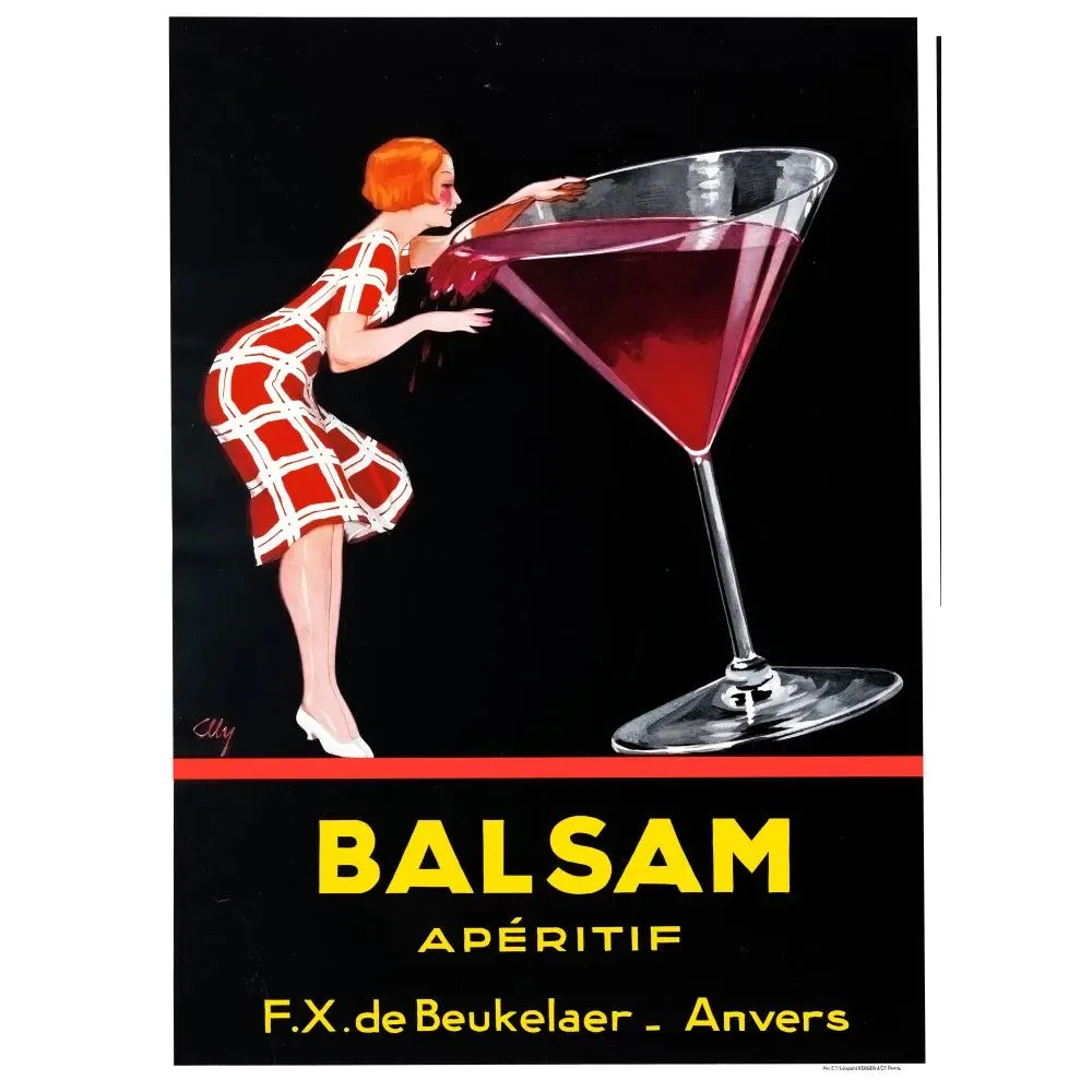 Publicité apéritif Balsam de Beukelaer Anvers femme cocktail géant Art déco fond noir signé Cly Publicité apéritif Balsam de Beukelaer Anvers femme cocktail géant Art déco fond noir signé Cly