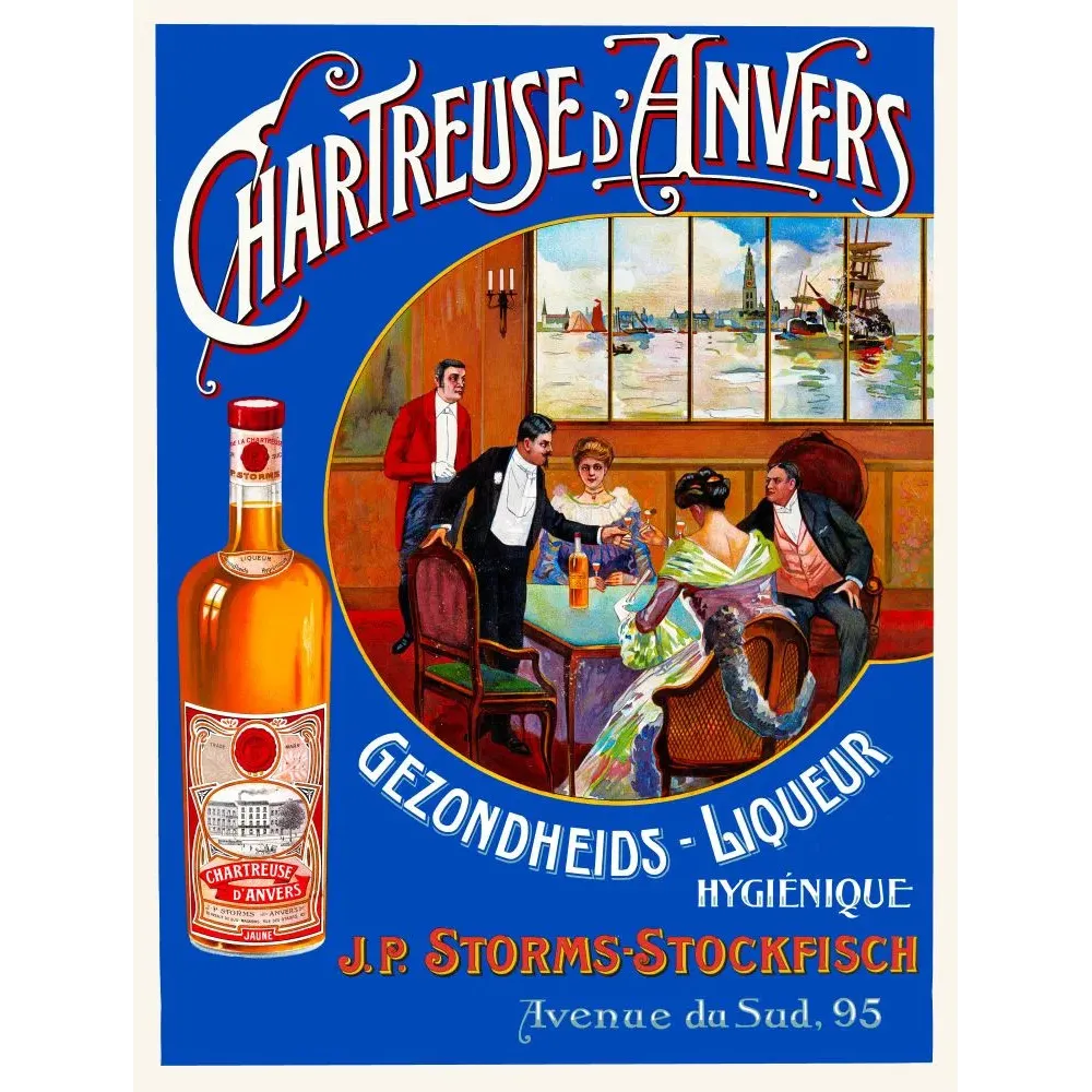 Publicité Chartreuse d'Anvers liqueur Storms-Stockfisch scène mondaine port voiliers salon bourgeois