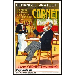 Publicité Bitter Cornet Joseph Yves-Gomezée bourgeois café garçon tablier blanc litho Myncke Bruxelles