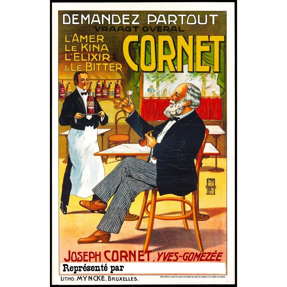 Publicité Bitter Cornet Joseph Yves-Gomezée bourgeois café garçon tablier blanc litho Myncke Bruxelles Publicité Bitter Cornet Joseph Yves-Gomezée bourgeois café garçon tablier blanc litho Myncke Bruxelles