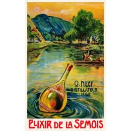 Publicité Élixir de la Semois O. Neef Distillateur Liège bouteille rivière canoteurs paysage ardennais Bordt