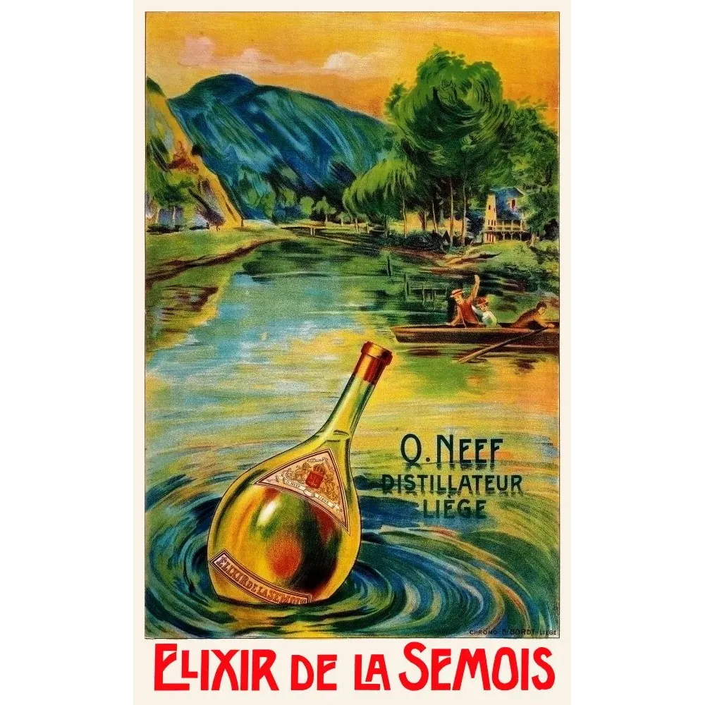 Publicité Élixir de la Semois O. Neef Distillateur Liège bouteille rivière canoteurs paysage ardennais Bordt Publicité Élixir de la Semois O. Neef Distillateur Liège bouteille rivière canoteurs paysage ardennais Bordt