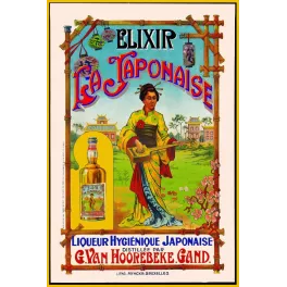 Publicité Élixir La Japonaise Van Hoorebeke Gand geisha kimono shamisen pagode cerisier japonisme litho Myncke