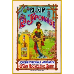 Publicité Élixir La Japonaise Van Hoorebeke Gand geisha kimono shamisen pagode cerisier japonisme litho Myncke