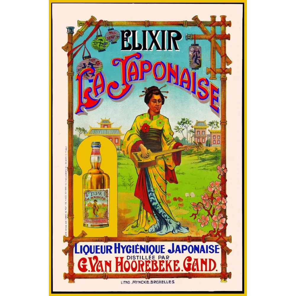 Publicité Élixir La Japonaise Van Hoorebeke Gand geisha kimono shamisen pagode cerisier japonisme litho Myncke Publicité Élixir La Japonaise Van Hoorebeke Gand geisha kimono shamisen pagode cerisier japonisme litho Myncke