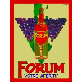 Publicité apéritif Forum M. De Goede bouteille grappes raisins violets athlète fond jaune cadre rouge
