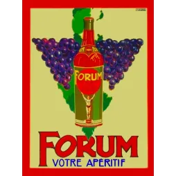 Publicité apéritif Forum M. De Goede bouteille grappes raisins violets athlète fond jaune cadre rouge