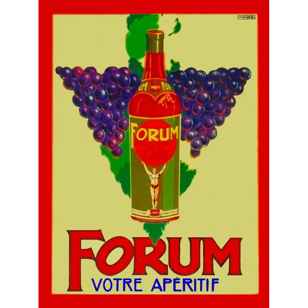 Publicité apéritif Forum M. De Goede bouteille grappes raisins violets athlète fond jaune cadre rouge Publicité apéritif Forum M. De Goede bouteille grappes raisins violets athlète fond jaune cadre rouge