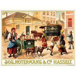 Publicité Jos Notermans Hasselt distillerie La Campinoise cheval fourgon charrette chiens costume flamand cortège