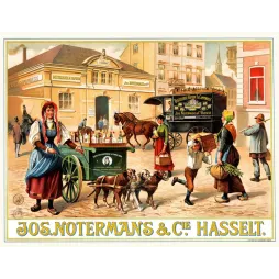 Publicité Jos Notermans Hasselt distillerie La Campinoise cheval fourgon charrette chiens costume flamand cortège