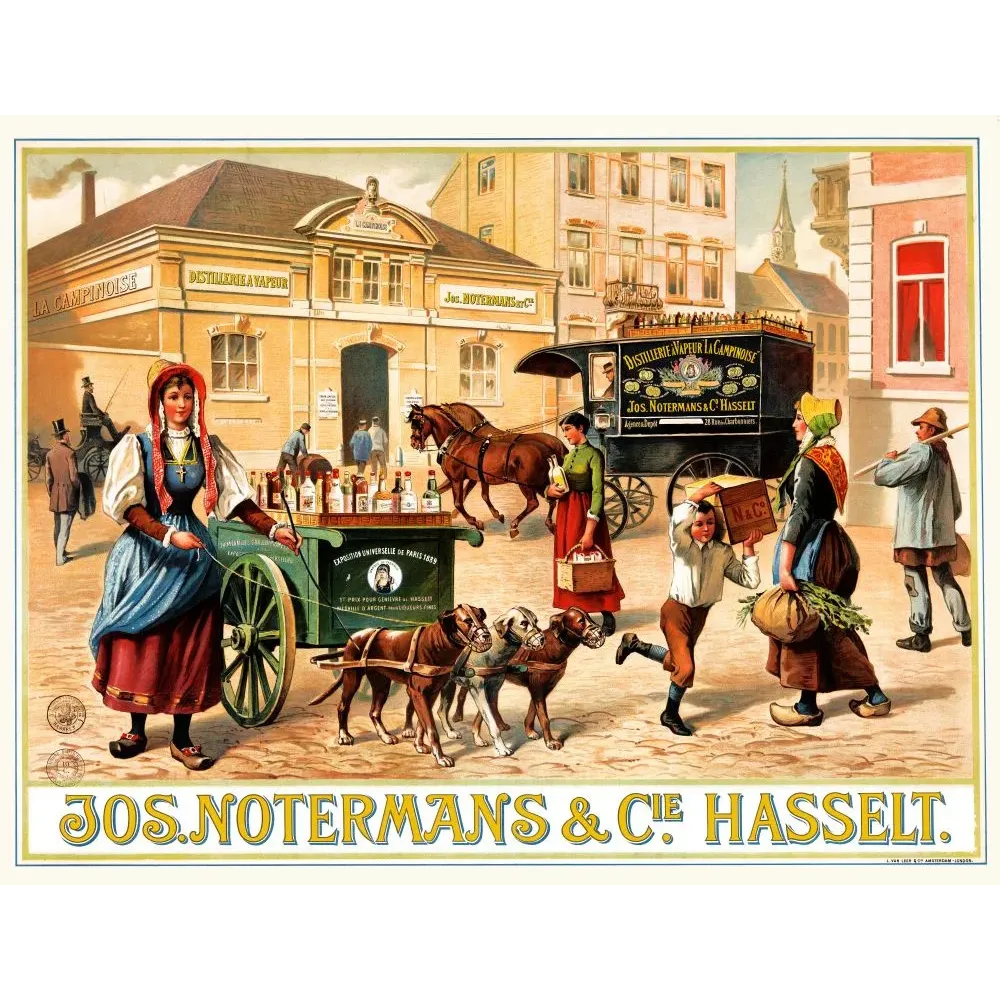 Publicité Jos Notermans Hasselt distillerie La Campinoise cheval fourgon charrette chiens costume flamand cortège