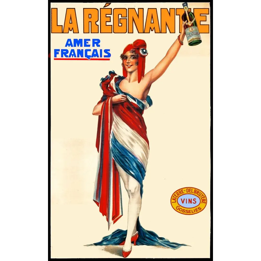 Publicité La Régnante Amer Français Laterre-Delbruyère Gosselies femme allégorique tricolore bonnet phrygien Publicité La Régnante Amer Français Laterre-Delbruyère Gosselies femme allégorique tricolore bonnet phrygien