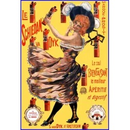 Publicité Schiedam van Dÿk Genever marque Prosit femme rousse A. Brondert Amsterdam fond jaune