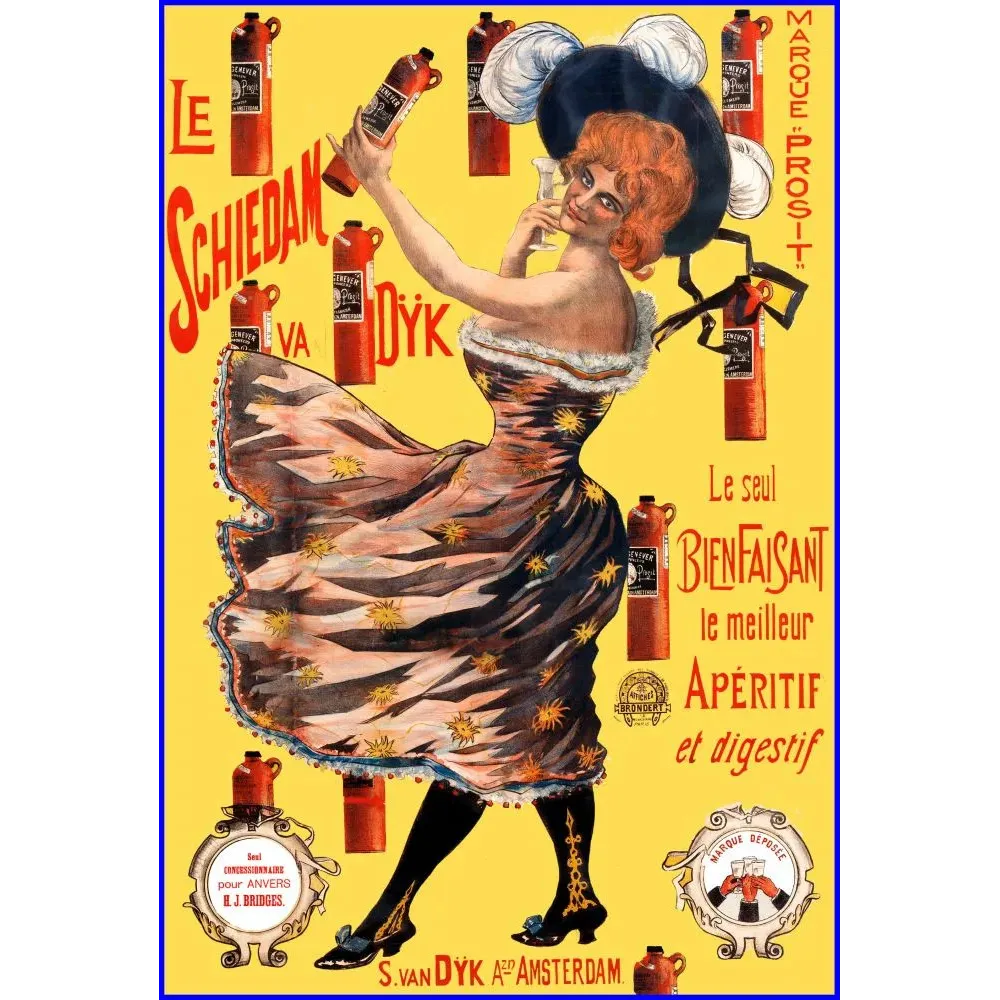 Publicité Schiedam van Dÿk Genever marque Prosit femme rousse A. Brondert Amsterdam fond jaune Publicité Schiedam van Dÿk Genever marque Prosit femme rousse A. Brondert Amsterdam fond jaune