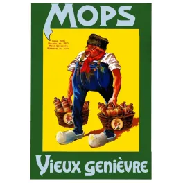 Publicité Mops Vieux Genièvre primé Liège 1905 Bruxelles 1910 personnage sabots paniers bouteilles