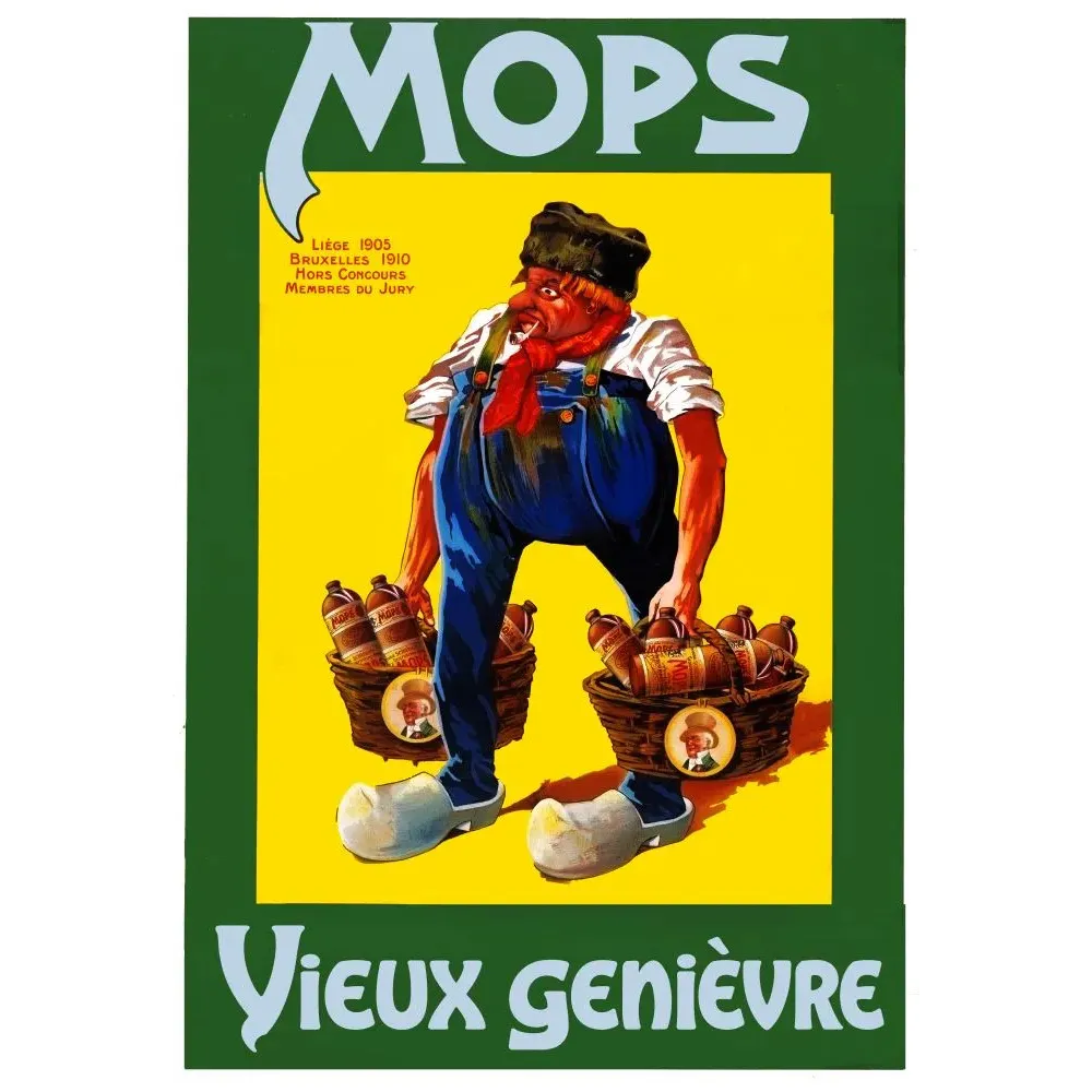 Publicité Mops Vieux Genièvre primé Liège 1905 Bruxelles 1910 personnage sabots paniers bouteilles Publicité Mops Vieux Genièvre primé Liège 1905 Bruxelles 1910 personnage sabots paniers bouteilles