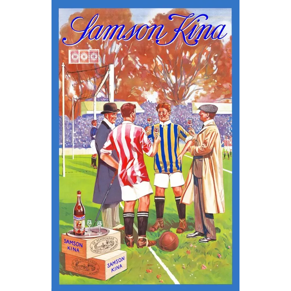 Publicité Samson Kina apéritif football joueurs trinquant stade supporters De Kempenaar Anvers Publicité Samson Kina apéritif football joueurs trinquant stade supporters De Kempenaar Anvers