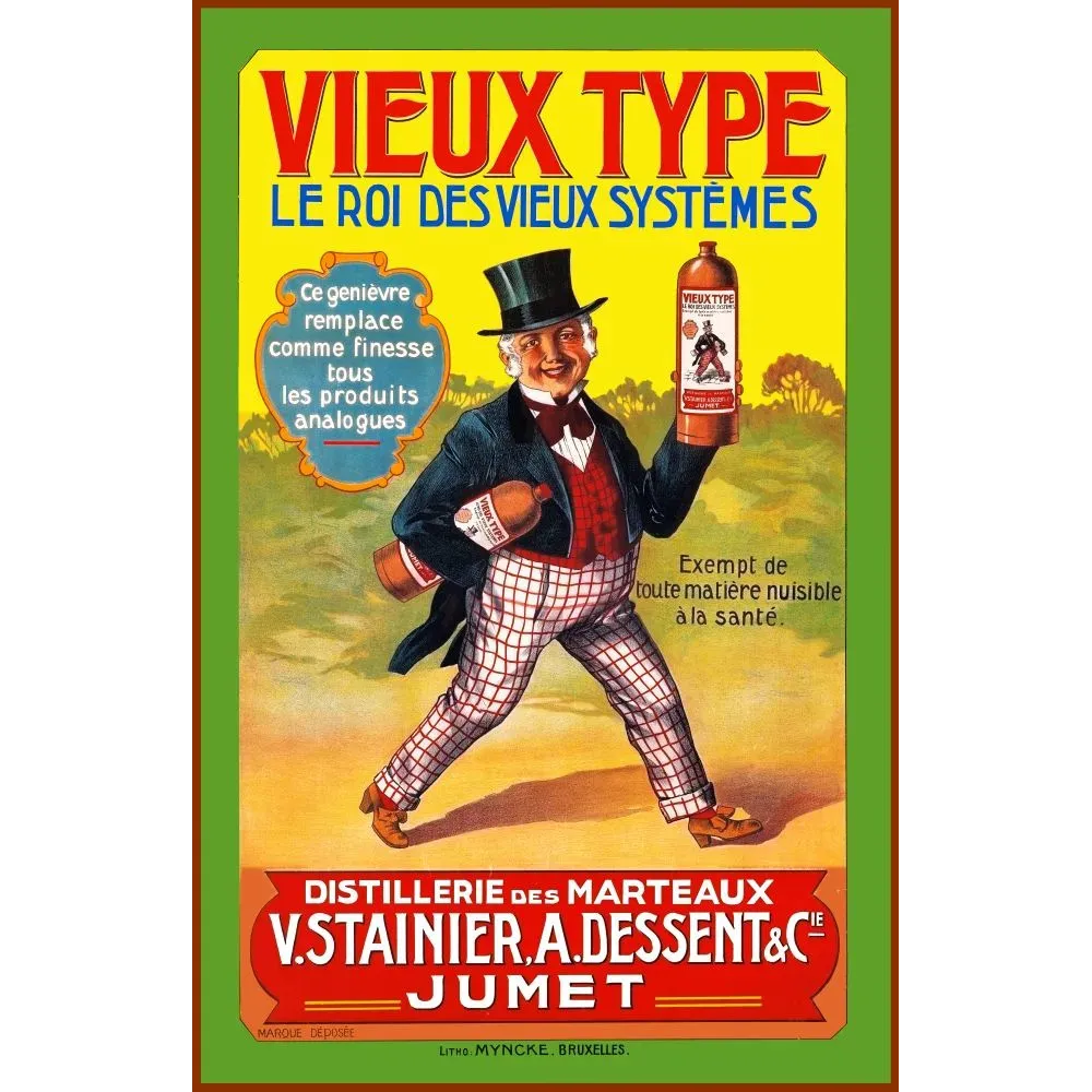 Publicité Vieux Type genièvre Distillerie des Marteaux Jumet Stainier Dessent homme haut-de-forme