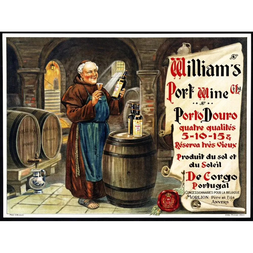 Publicité William's Port Wine Porto Douro moine cave tonneaux Morlion Anvers chromo-lithographie début XXe