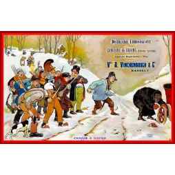 Publicité humoristique Genièvre Grains Vinckenbosch Hasselt chasse à l'ours neige villageois scène comique