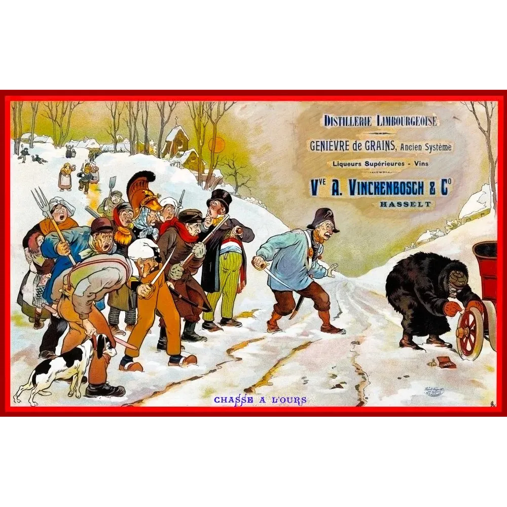 Publicité humoristique Genièvre Grains Vinckenbosch Hasselt chasse à l'ours neige villageois scène comique Publicité humoristique Genièvre Grains Vinckenbosch Hasselt chasse à l'ours neige villageois scène comique