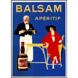 Publicité Balsam Apéritif Quinquina Pur Vin garçon café femme manteau rouge Art déco fond bleu