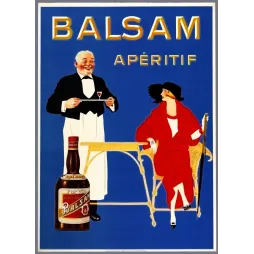 Publicité Balsam Apéritif Quinquina Pur Vin garçon café femme manteau rouge Art déco fond bleu