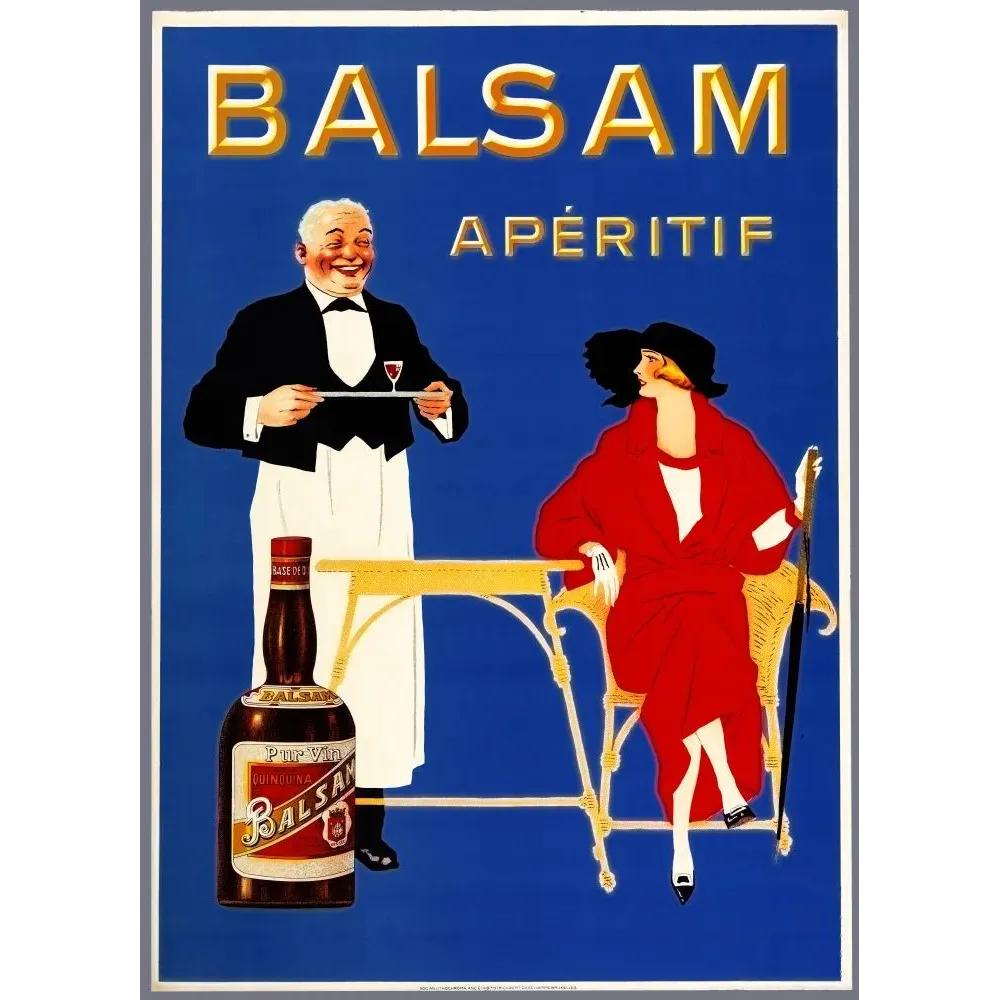 Publicité Balsam Apéritif Quinquina Pur Vin garçon café femme manteau rouge Art déco fond bleu Publicité Balsam Apéritif Quinquina Pur Vin garçon café femme manteau rouge Art déco fond bleu