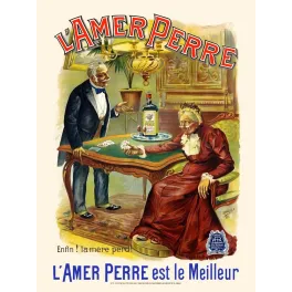 Publicité L'Amer Perre 1899 Serneels G. couple âgé jeu de cartes intérieur bourgeois lithographie bruxelles